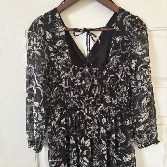 Dark Romantic Bohemian Womens Tiered Midi Dress Black S Floral Indie Concert‎ - Picture 10 of 14